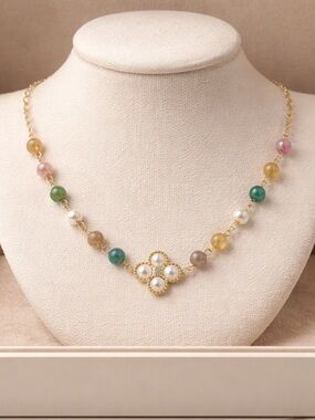 Tory Burch Gold Necklace with Multicolor Gem Beads and Pearl Clover